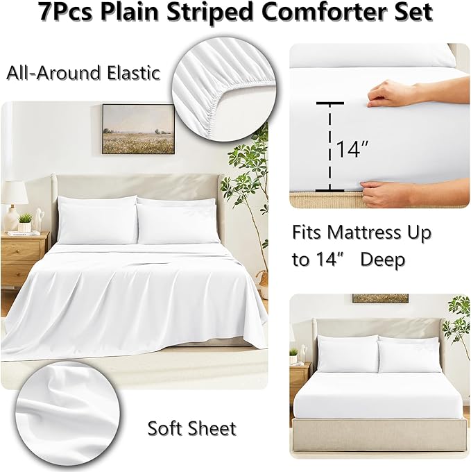 CozyLux Queen Comforter Set White, 7 Pieces Bed in a Bag, White Comforter Queen Size, All Season Bedding Sets with Stitch Quilted Comforter, Flat Sheet, Fitted Sheet, Pillowcases