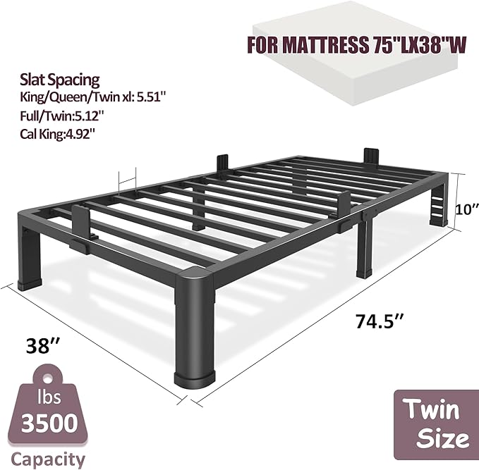 Bilily 10 Inch Low Twin Bed Frame with Round Corner Legs,3500 LBS Heavy Duty Low Profile Twin Size Metal Platform, Steel Slats Support No Box Spring Needed Easy Assembly Noise-free for Kids Room,Black