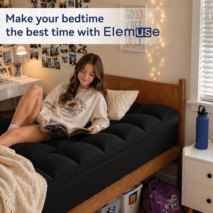 ELEMUSE Twin Black Mattress Topper for Back Pain, Extra Thick Mattress Pad Cover, Plush Soft Pillowtop with Elastic Deep Pocket, Overfilled Down Alternative Filling