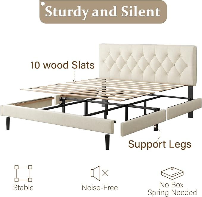 CXVX King Size Bed Frame with Upholstered Headboard, Button Tufted Design, Strong Wooden Slats, No Box Spring Needed, Easy Assembly, Noise Free