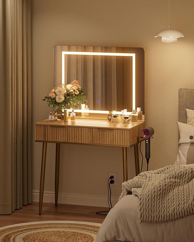 Vanity Desk with Large Mirror and Lights, Small Makeup Vanity Table with 2 Drawers, Dressing Table with 3 Adjustable Lighting Color, Small Makeup Desk for Bedroom, Natural with Gold Leg