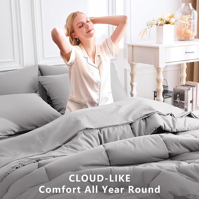 CozyLux California King Comforter Sets French Grey, 7 Pieces Cal King Bed in a Bag, All Season Bedding Sets with Stitch Quilted Comforter, Flat Sheet, Fitted Sheet, Pillowcases