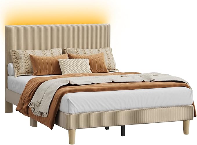 Bestier Full Size Bed Frame with Adjustable Headboard,LED Lighting,Vertical Channel Tufted Corduroy Upholstered, Solid Wooden Slats Support,No Box Spring Needed,Never Squeaks,Easy Assembly, Taupe