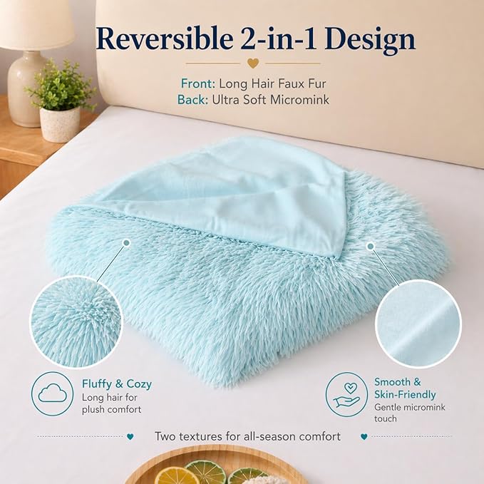 Reafort Luxury Faux Fur Body Pillow Cover 21" x 54", Long Hair PV Plush Body Pillow Case with Hidden Zipper Closure, Ultra Soft Fluffy Decorative Long Pillow Cover (Aqua, Body)