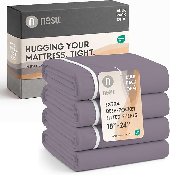 Nestl 4 Pack Dusty Purple Fitted Sheet Extra Deep Pocket, Hotel Luxury FullFitted Sheet Only Easily Fits 18 to 24 Inch Mattress, Super Soft, Wrinkle-Free and Breathable with Corner Straps