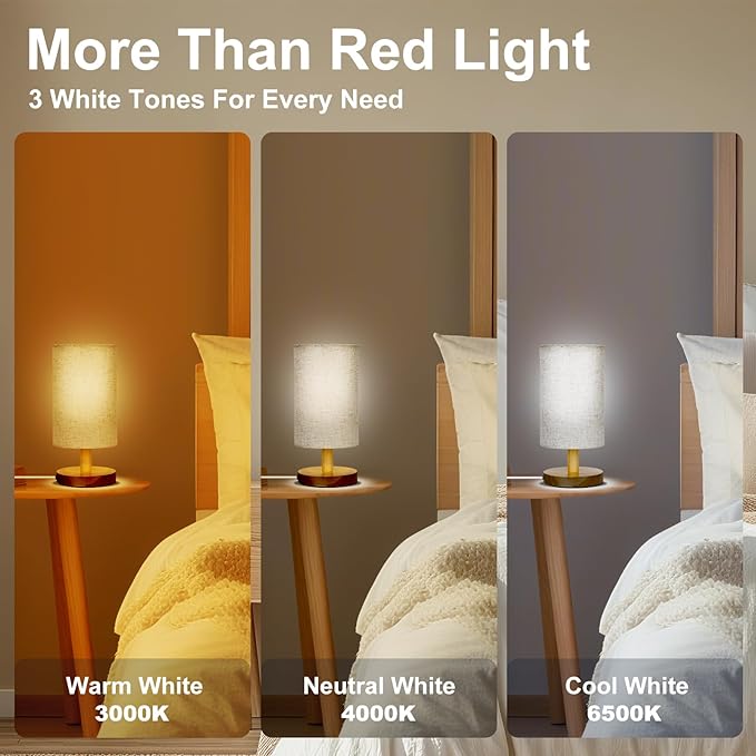 Red Light Lamp for Bedroom, Nightstand Lamp with 670nm Red & 3000-6500K White Light, Remote Control, Timer, Night Light, Dimmable LED Bedside Table Lamp with Memory Function, Wood Base & Fabric Shade