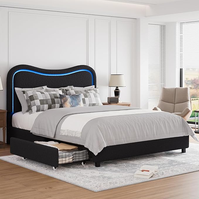GarveeHome LED Queen Bed Frame with 2 Drawers and Headboard, Cute Upholstered Bed with Storage, Sturdy Platform Bed, No Box Spring Needed, Wooden Slats, Noise Free, Black