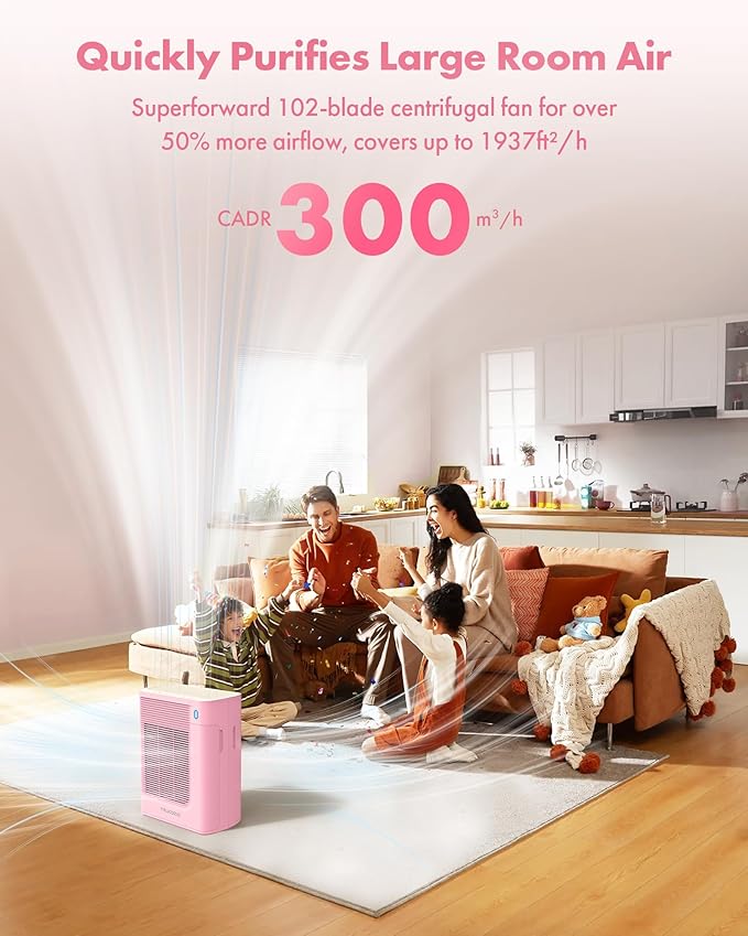 T356 New Pink Air Purifier for Home Large Room Bedroom Up to 1937 Ft² in 1 Hr With Double-sided Air Inlet, Air Quality and Light Sensors, HEPA Sleep Mode for Allergies, Dust, Smoke, Pet Hair