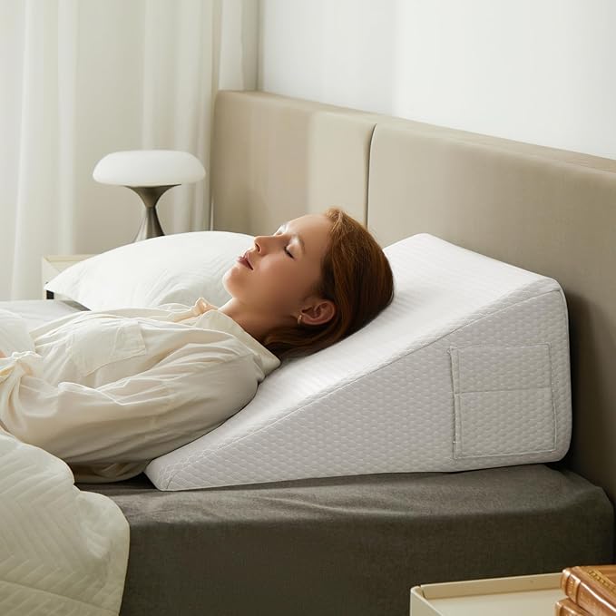 Bedluxe Wedge Pillow, 10 inch Bed Wedge Pillow for Headboard, Pillow Wedge for Acid Reflux Relief, Sleeping, After Surgery, Snoring, Gerd, Triangle Pillow Wedge - Cooling Memory Foam Top, White