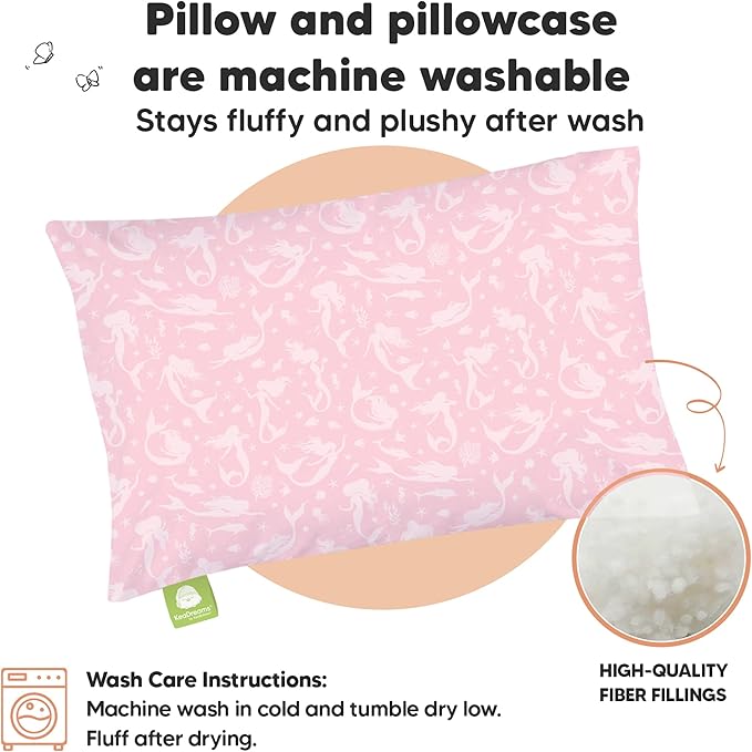 Toddler Pillow with Pillowcase - 13x18 My Little Dreamy Kids Travel Bed Pillows for Sleeping, Organic Cotton Small Pillowcase, Soft & Breathable, Machine Washable, Toddlers 2-5 years old (Mermaid)