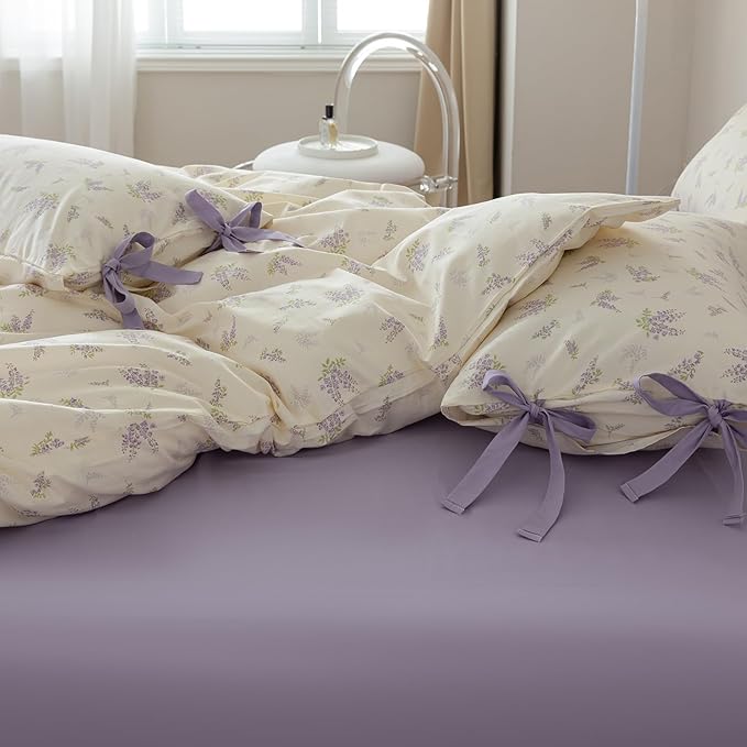 VM VOUGEMARKET Purple Flower Duvet Cover Set Full 3 Pieces Cream Duvet Cover with Bow Ties,Cottagecore Bedding Set 100% Cotton Vintage Country Comforter Cover for Teens Girls Without Filling-80 x90