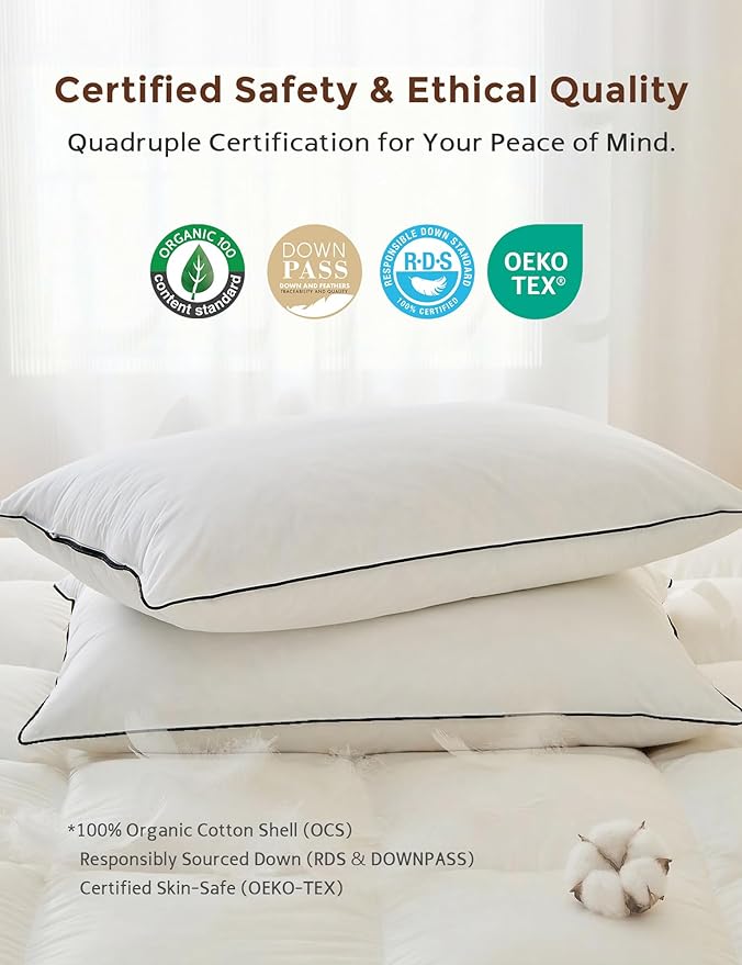 Cobnom® Goose Feather and Down Pillows Standard Size Set of 2, 3-Chamber Hybrid Bed Pillows with 750 Fill-Power Down Surrounded, 100% Organic Cotton Cover, Medium Firm for All Sleepers(20x26 Inch)