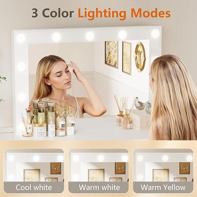 YESHOMY Vanity Desk with Mirror, Makeup Table with 11 Adjustable Lights and 2 Spacious Drawers, Soft-Padded Storage Stool, 3 Lighting Modes with Control, for Bedroom, Snow White