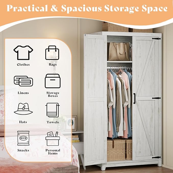 AMERLIFE Set of 2 Farmhouse Armoire Wardrobe Closet with 2 Barn Doors, 70'' Storage Cabinet with Shelf & Hanging Rod, Versatile Clothing Storage for Bedroom, White