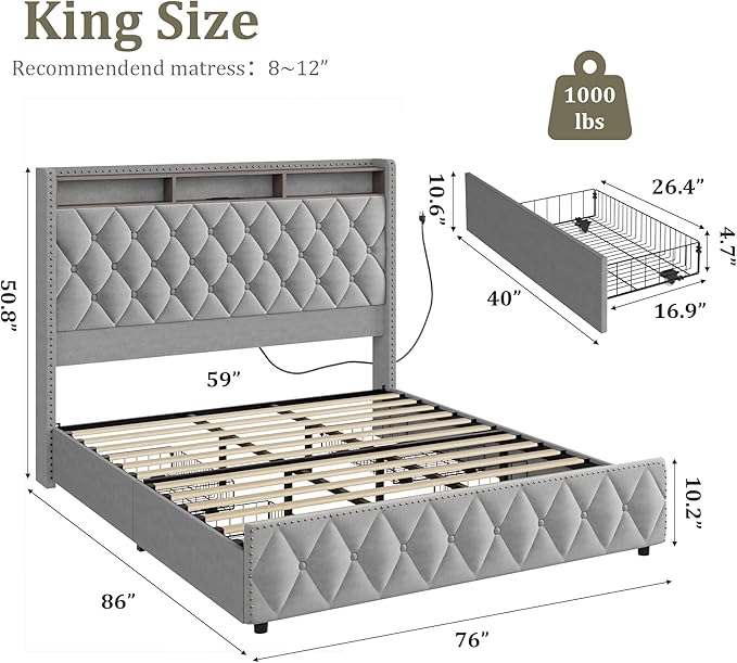 GarveeHome King Size Bed Frame with 50.8" Tall Headboard, Platform Velvet Upholstered Bed Frame with 4 Storage Drawers, USB Charging Station, Led Lights, No Box Spring Needed, Easy Assembly, Dark Grey