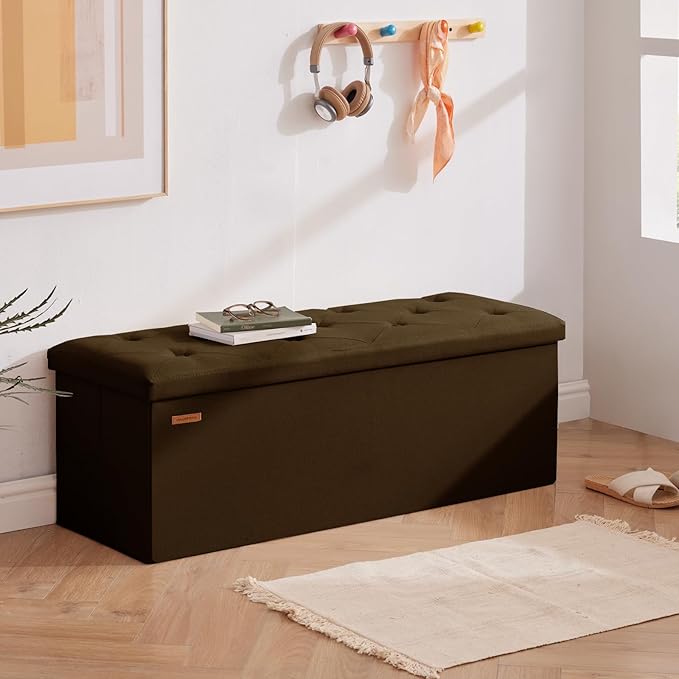 HAUSFRAU Storage Ottoman Bench with Flipping Lid, 43.3 Inches Storage Chest Footsrest, Folding Foot Stool for Entryway, Living Room, Bedroom, Linen Espresso Brown