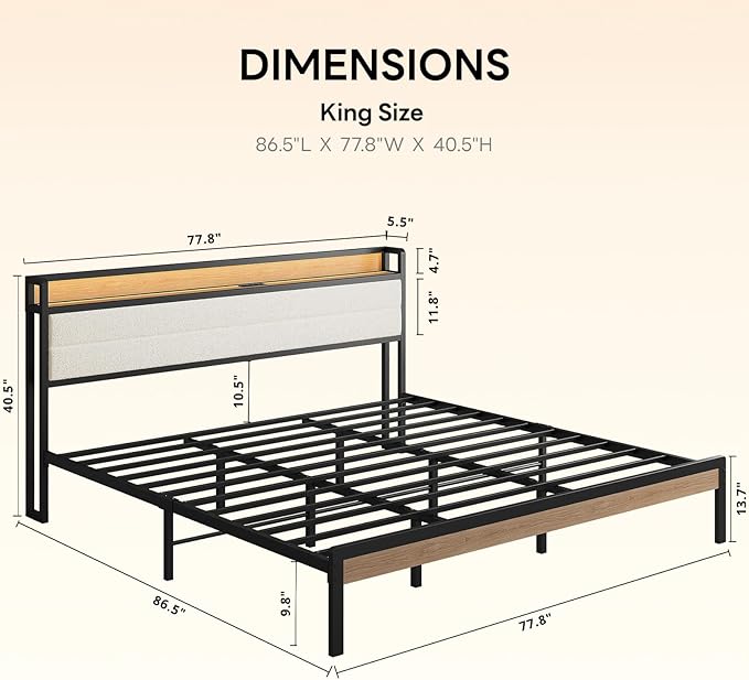 LIKIMIO King Size Bed Frame, Storage Headboard with LED Lights and Charging Station, Metal Platform Bed No Box Spring Needed, Noise Free, Under Bed Storage, Natural and Cream