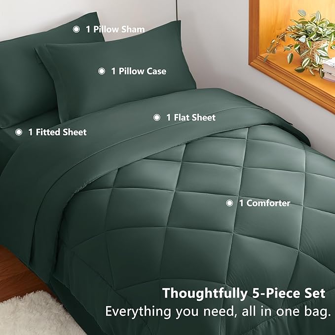 CozyLux Twin XL Comforter Set Forest Green - 5 Pieces Twin Extra Long Bed in a Bag for College Dorm, All Season Bedding Set for Girls and Boys, Soft Bed Set with Comforter, Sheets, Pillowcase & Sham