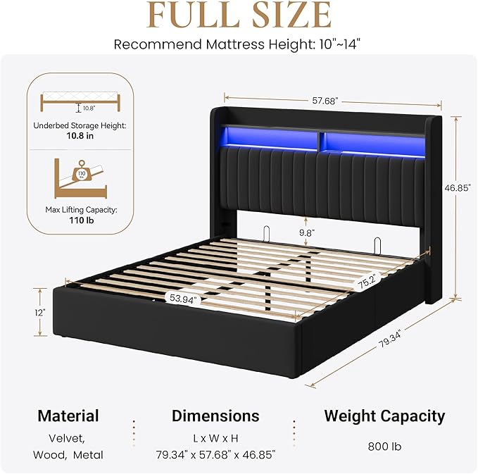 SHA CERLIN Full Size Lift Up Storage Bed Frame/LED Lights/Charging Station/2-Tier Shelves Headboard/USB,Type-C Ports/Velvet Upholstered/Hydraulic Support/No Box Spring Needed/Noise Free/Black