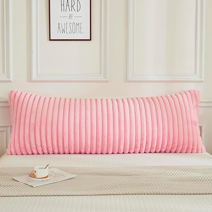 JAUXIO Faux Fur Fluffy Body Pillow Cover Luxury Textured Vertical Stripe Plush Decorative Body Pillowcase, Ultra Soft and Cozy Zipper Closure 21 x 54 Inches, Pink
