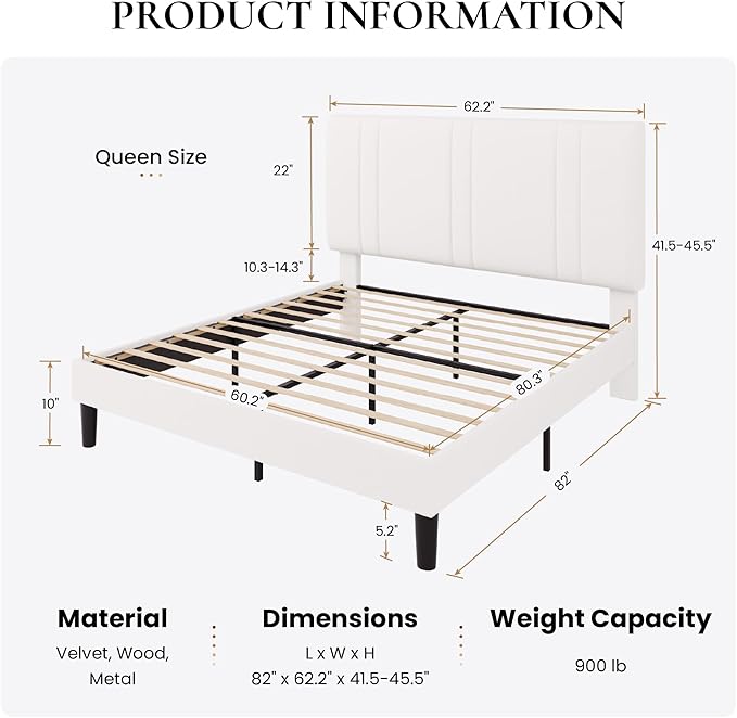 SHA CERLIN Queen Size Platform Bed Frame, Velvet Upholstered Bed with Adjustable Headboard, Vertical Channel Tufted Design, Sturdy Wood Slat Support, No Box Spring Needed, Easy Assembly, White