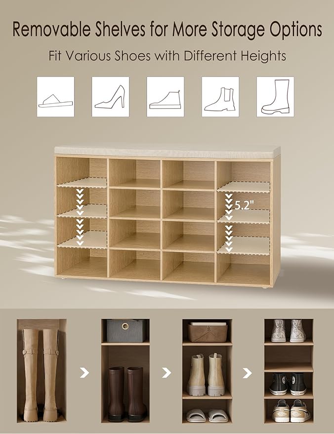 DINZI LVJ Shoe Storage Bench with Cushion, 16-Cubby Shoe Rack, Adjustable Shelves, 40.9" Long Shoe Organizer Bench for Entryway, Mudroom, Hallway, Garage, Natural and Cappuccino Beige