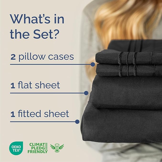 Cal King Size 4 Piece Sheet Set - Comfy Breathable & Cooling Sheets - Hotel Luxury Bed Sheets for Women & Men - Deep Pockets, Easy-Fit, Extra Soft & Wrinkle Free Sheets - Black Oeko-Tex Bed Sheet Set