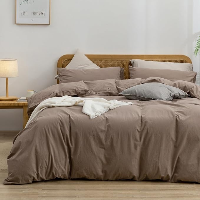 BESTOUCH Duvet Cover Set 100% Washed Cotton Linen Feel Super Soft Comfortable Chic Lightweight 3 PCs Home Bedding Set Solid Pine Bark Brown Alaska King