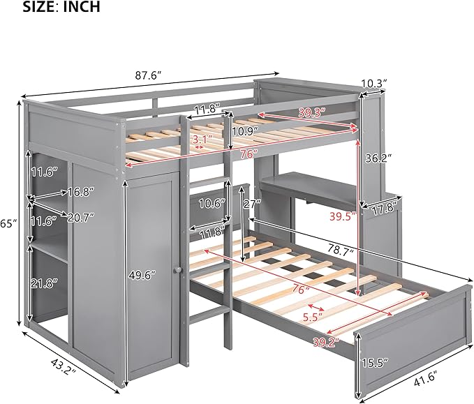 JULYFOX Twin Loft Bunk Bed with Wardrobe, Wood Bunk Bed Twin Over Twin with Tilt Ladder Study Desk Shelves 2 Bed Frames Space Saving No Box Spring Needed(Twin Over Twin,Gray)