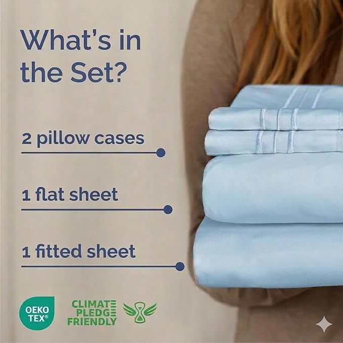 Cal King Size 4 Piece Sheet Set - Comfy Breathable & Cooling Sheets - Hotel Luxury Bed Sheets for Women & Men - Deep Pockets, Easy-Fit, Soft & Wrinkle Free Sheets - Light Blue Oeko-Tex Bed Sheet Set
