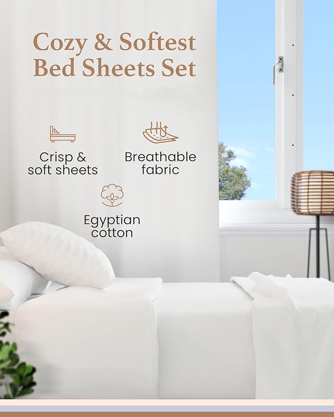 Good Sleep Bedding Full Size Bed Sheets, 4 Piece, 100% Egyptian Cotton Sheets Full Size Bed, Silky Sateen Weave, Ultra-Soft & Durable Hotel Sheets, 16" Deep Pocket Full Size Sheets Set - White