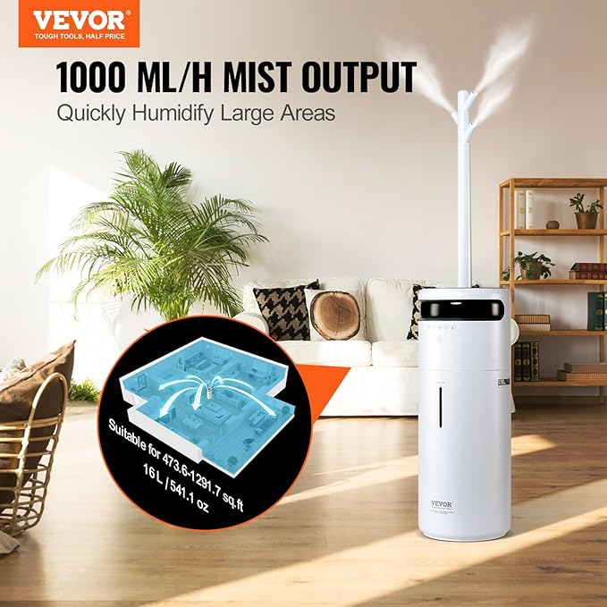 VEVOR Humidifier for Home Large Room 1291.7 sq ft, 16L Commercial Humidifier for Whole House Greenhouse Night Light & 12h Timer & Auto Shut-Off Humidifiers, Commercial Branch Tube w/ 360° Nozzle