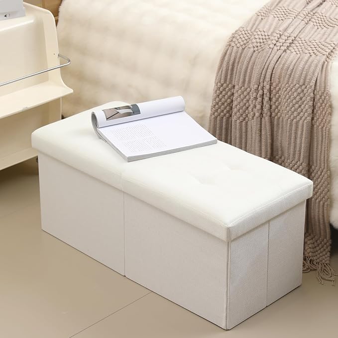 Storage Ottoman Bench Foldable Seat Footrest Shoe Bench End of Bed Storage with Flipping Lid, 75L Storage Space, 30 inches Linen Fabric White, OT026WS