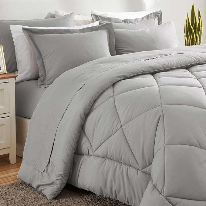 CozyLux California King Comforter Set Light Grey - Cal King Bed in a Bag 7 Pieces, Luxury Soft Bed Set for All Seasons, Bedding Set with Down Alternative Comforter, Sheets, Pillowcases & Shams