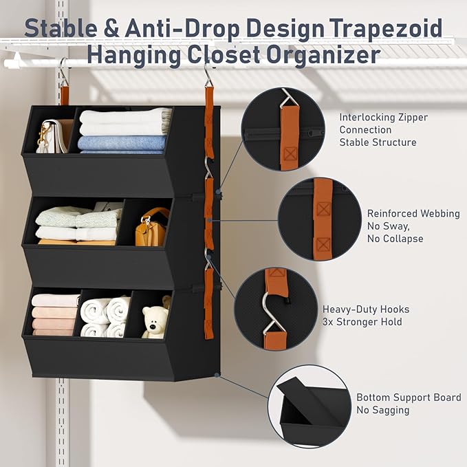 DIMJ Hanging Closet Organizer Extra Large, Clothes Hanging Shelves for Closet with Divider, Collapsible Closet Storage System, Fabric Storage Bins for Home, Black, 15.75 × 12.20 × 9.44, 3 Pack