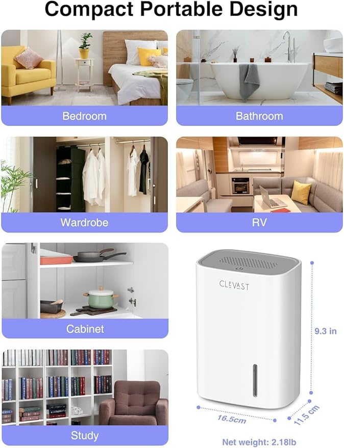 CLEVAST Small Dehumidifier for Home, 30oz Mini Quiet Dehumidifier for Bathroom Bedroom, Portable Compact Air Dehumidifier for Closet, RV, Camper