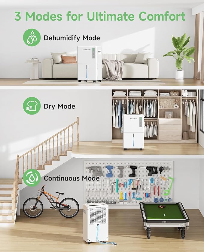 1500 Sq.ft Dehumidifier for Basement, Trazico 21 Pint Quiet Dehumidifiers for Home with Drain Hose, Smart Humidity Control, 3 Modes, 24H Timer, Auto Defrost, for Large Room, Bedroom, and Bathroom