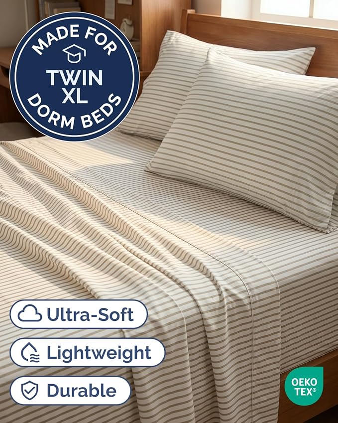 Twin XL 4 Piece Sheet Set - Comfy, Breathable & Cooling - Soft Hotel Luxury Bedding for Women, Men, Kids, Teens & Children - 1 Flat & 1 Fitted Sheet & 2 Pillowcases w/ Deep Pockets - Beige Stripes 2