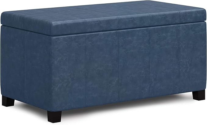 SIMPLIHOME Dover Storage Ottoman Bench - 36 inch Wide Upholstered Vegan Leather Rectangular Lift-Top Ottoman in Denim Blue, Contemporary Bench for Living Room with Safety Hinges