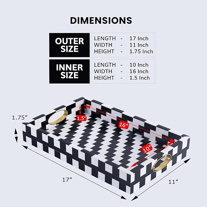 Handicrafts Home Optique Pixel Ottoman Tray 17x11, Handmade Resin Inlay Decorative Tray, Black White Geometric Coffee Table Centerpiece, Large Designer Serving Tray for Living Room Décor