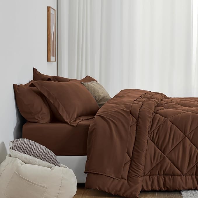 Love's cabin Twin XL Comforter Set Brown, 5 Pieces Twin XL Bed in a Bag, All Season Bedding Sets with 1 Comforter, 1 Flat Sheet, 1 Fitted Sheet, 1 Pillowcase and 1 Pillow Sham | Soft, Breathable, Lightweight, Comfortable