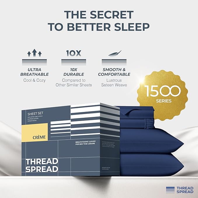 THREAD SPREAD 100% Egyptian Cotton Sheets Queen Size - Luxury 1500 Series Queen Sheet Set Egyptian Cotton (4 PC, Navy Blue), Silky Soft, Sateen Weave, Cooling & Breathable, 17" Deep Pocket Bed Set