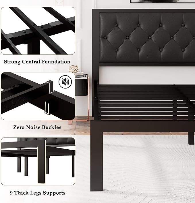 Feonase Full Size Metal Bed Frame with Faux Leather Button Tufted Headboard, Heavy-Duty Platform Bed Frame with 12" Storage, Steel Slats Support, No Box Spring Needed, Noise Free, Black