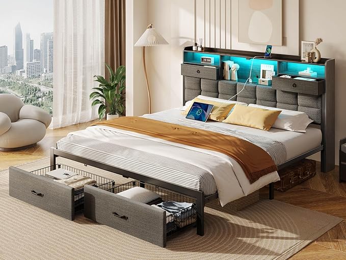 Rolanstar Bed Frame King Size with Drawers and Charging Station, Upholstered Platform Bed with Storage Headboard and LED Light, Heavy Duty Metal Support, No Box Spring Needed, Noise Free, Grey
