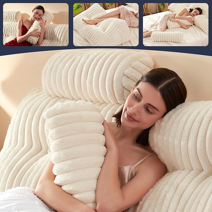 Rycwola Faux Fur Headboard Pillow with 2 Pack Neck Roll Pillow Large Headboard Pillow Soft and Supportive with Removable Cover (Beige, Queen)