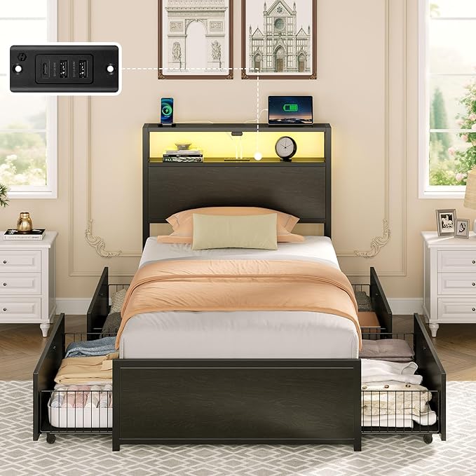 Rolanstar Twin Bed Frame with 4 Storage Drawers & 2-Tier Storage Headboard, Metal Platform Bed Frame with Charging Station & LED Lights, Noise-Free, No Box Spring Needed, Easy Assembly, Black Oak