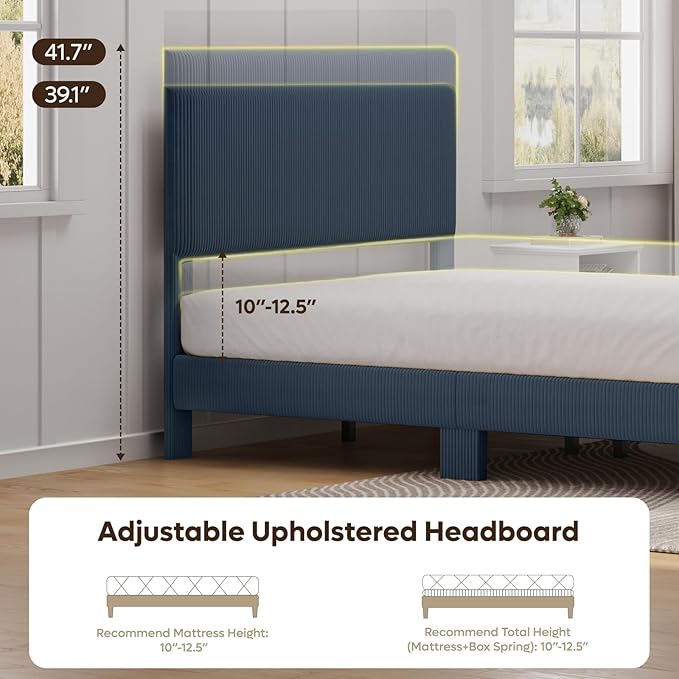 Bestier Full Bed Frame with Adjustable Headboard, LED Lighting, Vertical Channel Tufted Corduroy Upholstered, Solid Wooden Slats Support, No Box Spring Needed, Never Squeaks, Easy Assembly,Blue