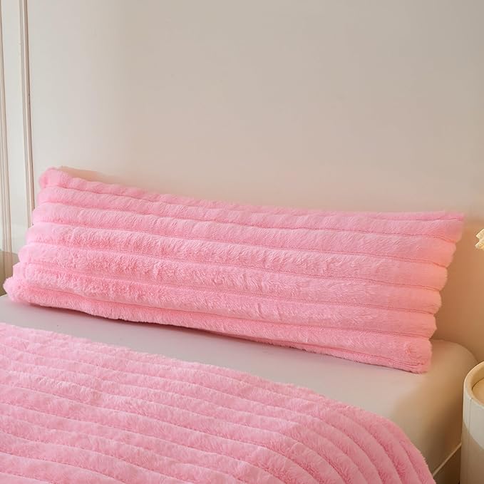 MEGO Fluffy Faux Rabbit Fur Body Pillow Cover, Soft Cozy Furry Wide Striped 20x54 Bed Pillowcase with Zipper, Home Decorative Plush Fuzzy Ribbed Long Pillow Cover for Bed Couch Sofa Bedroom, Pink