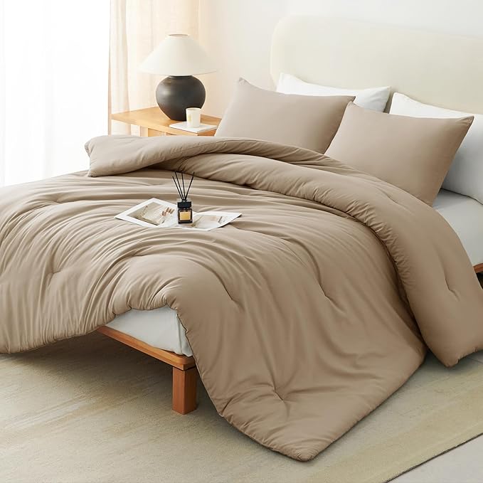CozyLux Full Size Comforter Set Taupe, 3 Pieces Solid Breathable Quilted Bedding Sets, Luxury Lightweight Soft Bed Set with Down Alternative Comforter and 2 Pillowcases for All Seasons