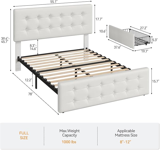 IDEALHOUSE Full Size Bed Frame with 4 Storage Drawers and Headboard, Faux Leather Upholstered Platform Bed Frame with Wooden Slats Support, Button Tufted Design, No Box Spring Needed, Beige